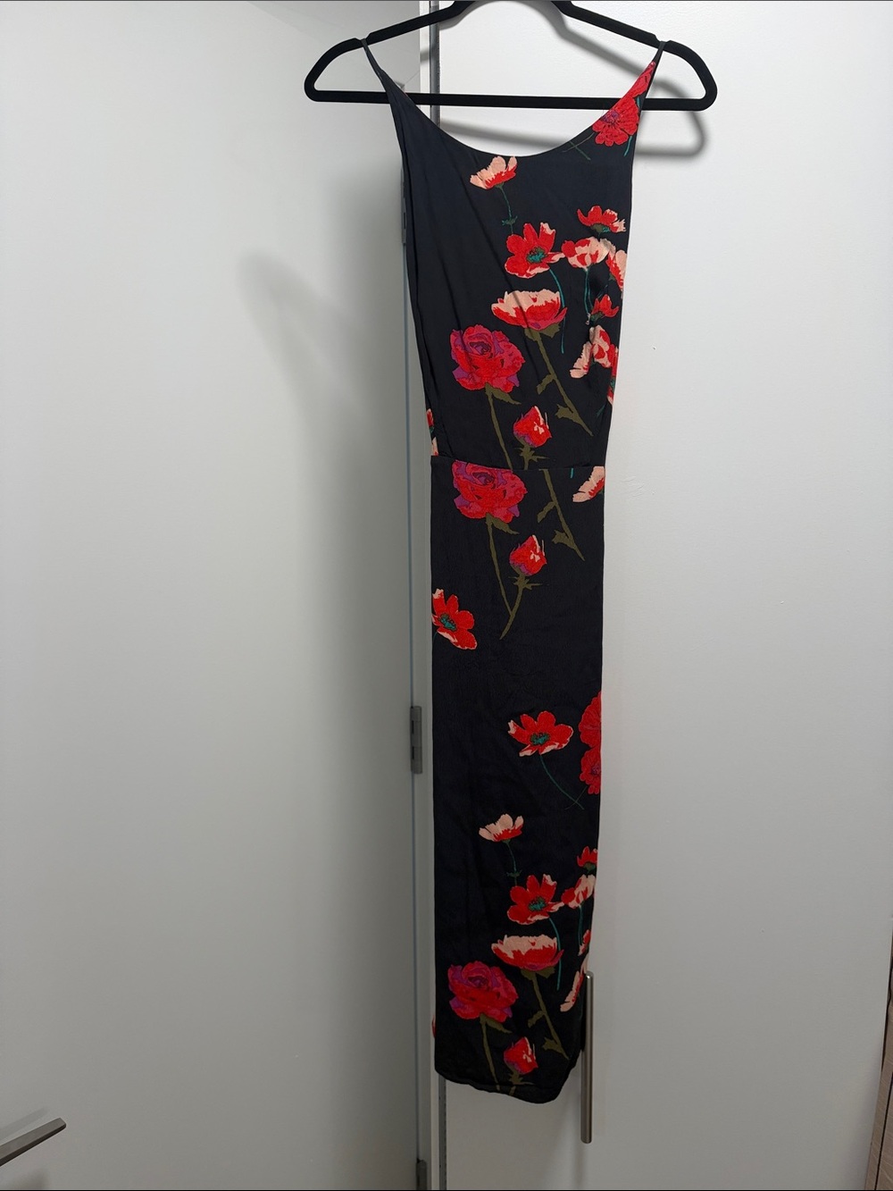 Aritzia Wilfred Black Backless Dress with Red Floral Pattern